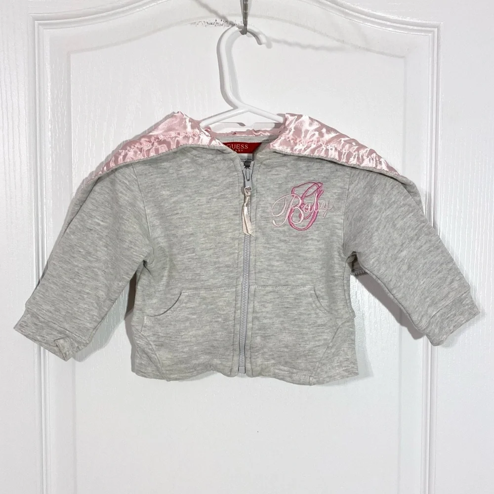 Y2K VTG Guess Embroidered Satin Zip Up Hoodie Jacket Gray Pink 12M Baby Girl